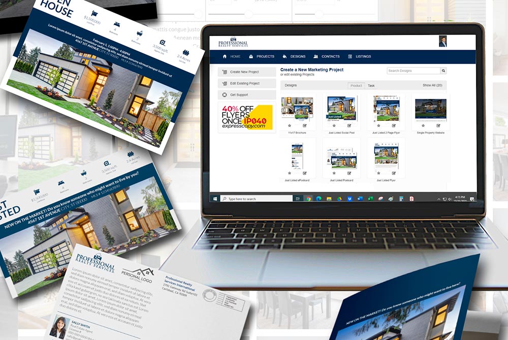A laptop screen displaying a real estate marketing website with various property listings.